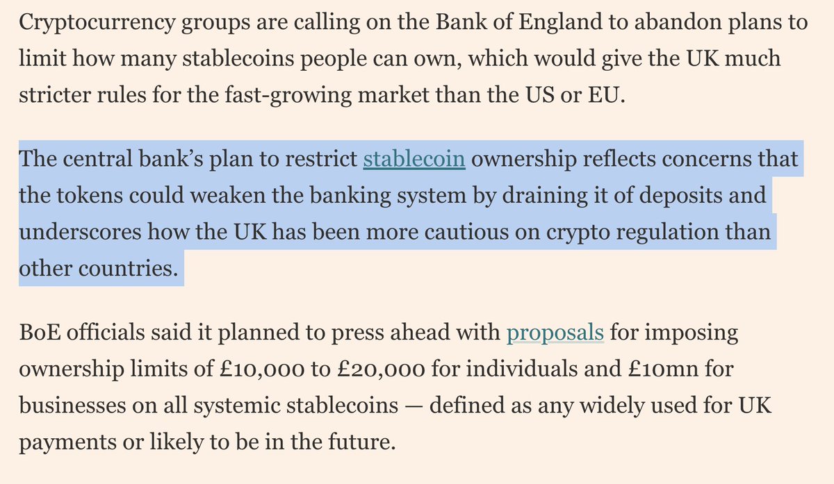 Bank of England plans to put a cap on individual stablecoin holdings of £10,000 to £20,000 per person.

This is crypto capital control light - watch for more.

London used to be the financial center of the world.

Policies like these would ensure it'll never be so again.