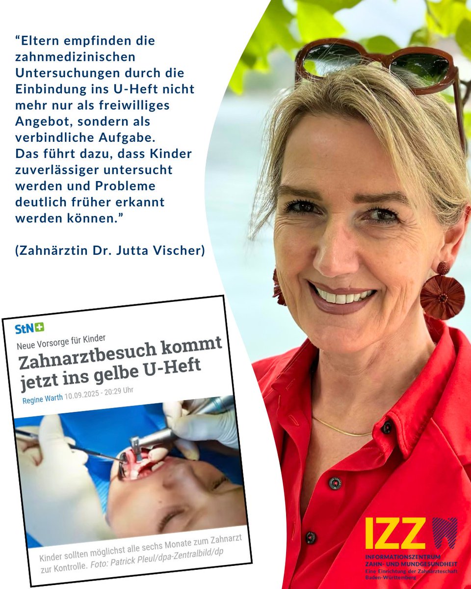 izz_bw's tweet photo. Ab Januar 2026 werden die Ergebnisse der zahnärztlichen Früherkennung im gelben Untersuchungsheft vermerkt. Zahnärztin Dr. Jutta Vischer erklärt, was Eltern beachten sollten.
Das gesamte Interview in Stuttgarter Nachrichten und der Stuttgarter Zeitung (Link im Kommentar) https://t.co/OzdpdBXvlk
