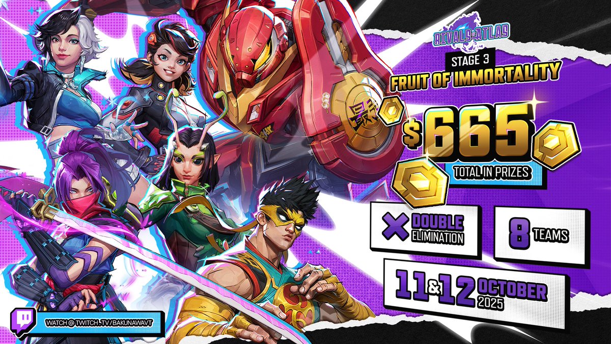 Rivals of Atlas is BACK! Stage 3: Fruit of Immortality!

8 Teams, Double Elimination
$665 total in prizes!
18+ Asian Marvel Rivals Players
October 11 &amp; 12, 4PM GMT+8

Fill out the Google Form below &amp; join the Discord server!
