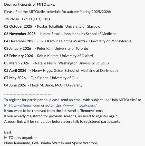 MitoPsychoBio's tweet photo. If you want more mitochondrial biology in your life, here is a great series of talks on mitochondrial science over the coming weeks and months

Thank you @MitOtalks ! https://t.co/dspIQLHKKE