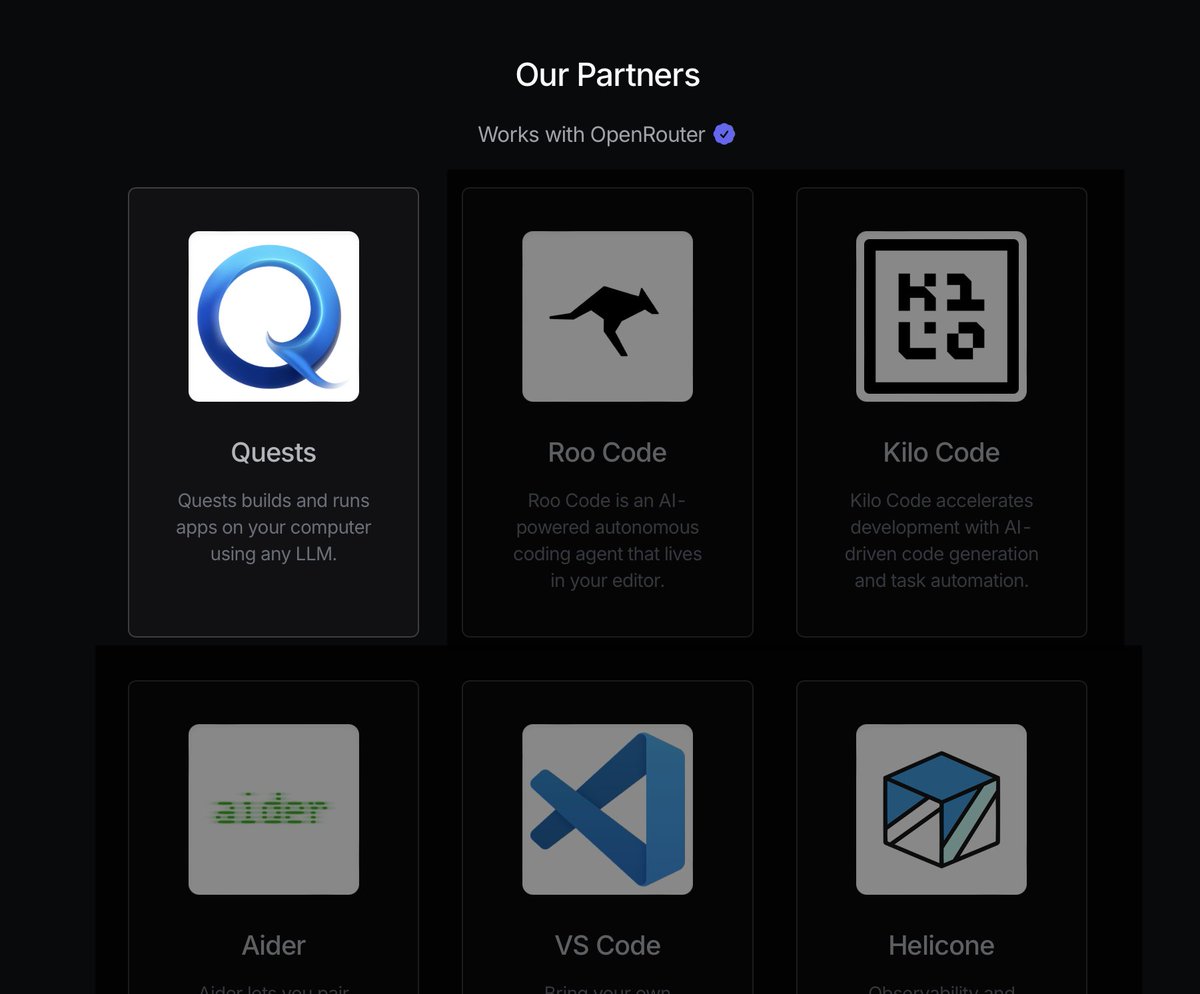quests_dev's tweet photo. Working with @openrouter has been a joy. Happy they agree and we’re now an official partner! https://t.co/3NYkE6r4tx