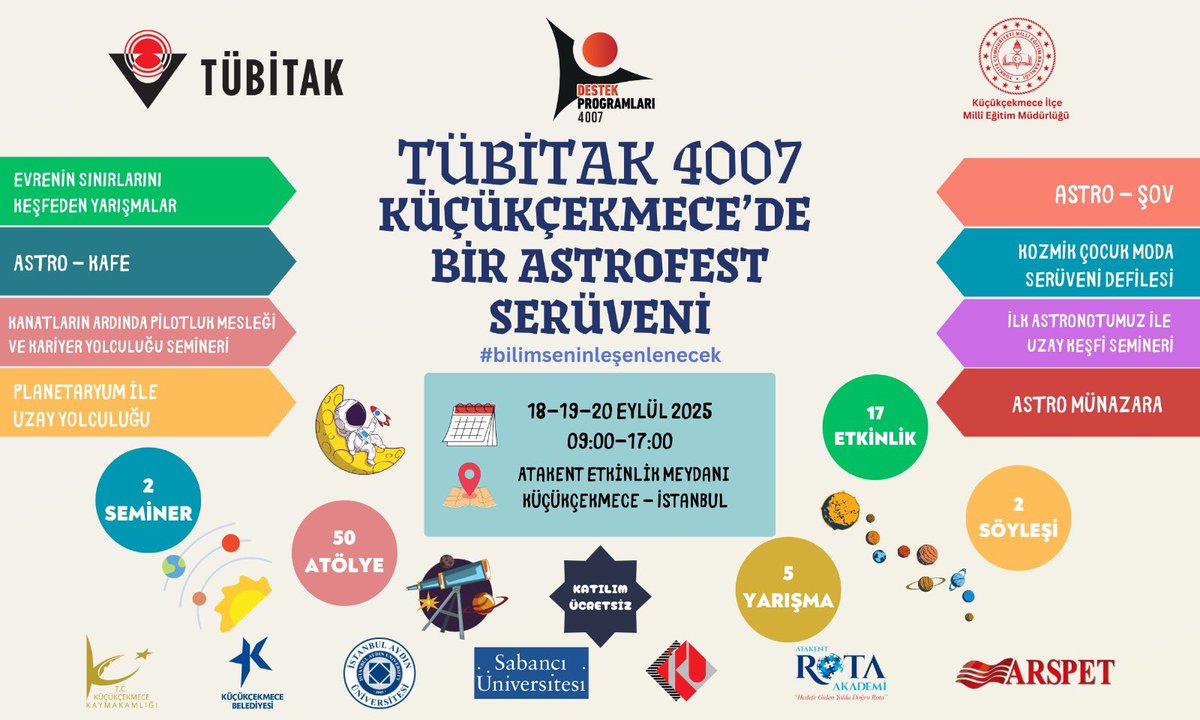 KucukcekmeceMeb's tweet photo. 🌌✨ Küçükçekmece’de #Astrofest Başlıyor! ✨🌌
📅 18-19-20 Eylül 2025
📍 Atakent Etkinlik Meydanı
🔭 50 atölye | 🎯 5 yarışma | 🎙️ 2 seminer
Prof. Dr. Ersin Göğüş ve alanında uzman isimlerle buluş, gökyüzünü keşfet!
#Bilim #Astronomi #Küçükçekmece
🔗 https://t.co/hil8uEt9ZA https://t.co/8pAHPcEkA2