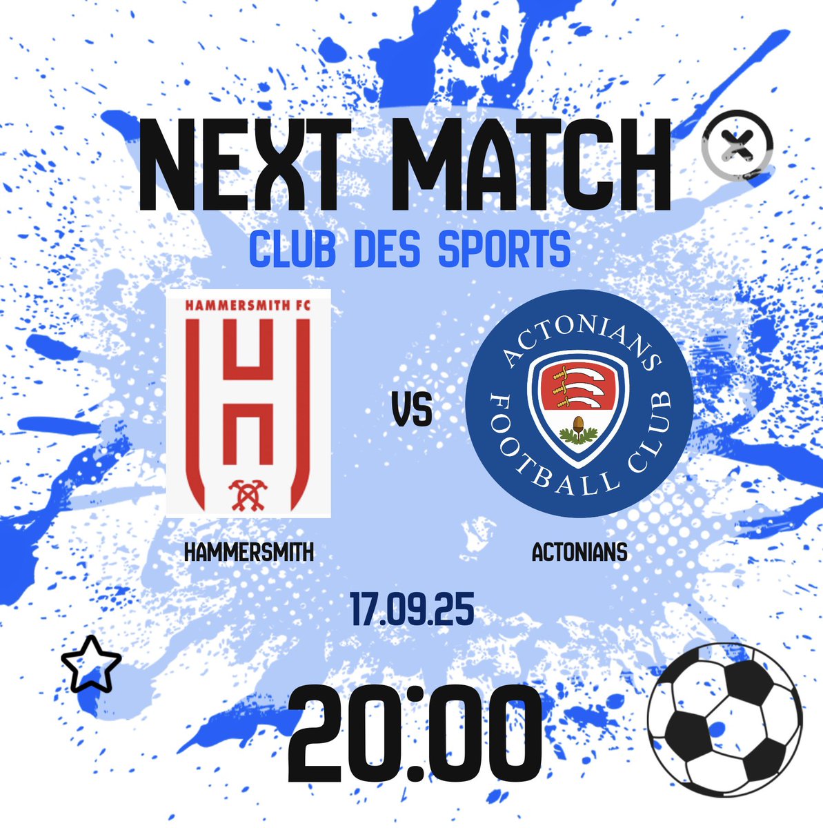 ActoniansWFC's tweet photo. Next up! Reserves are in mid-week league action this Wednesday as they visit local rivals Hammersmith. 
Kick off is 8pm at Club Des Sports, W3 7HB. https://t.co/Wyeau8c9ut