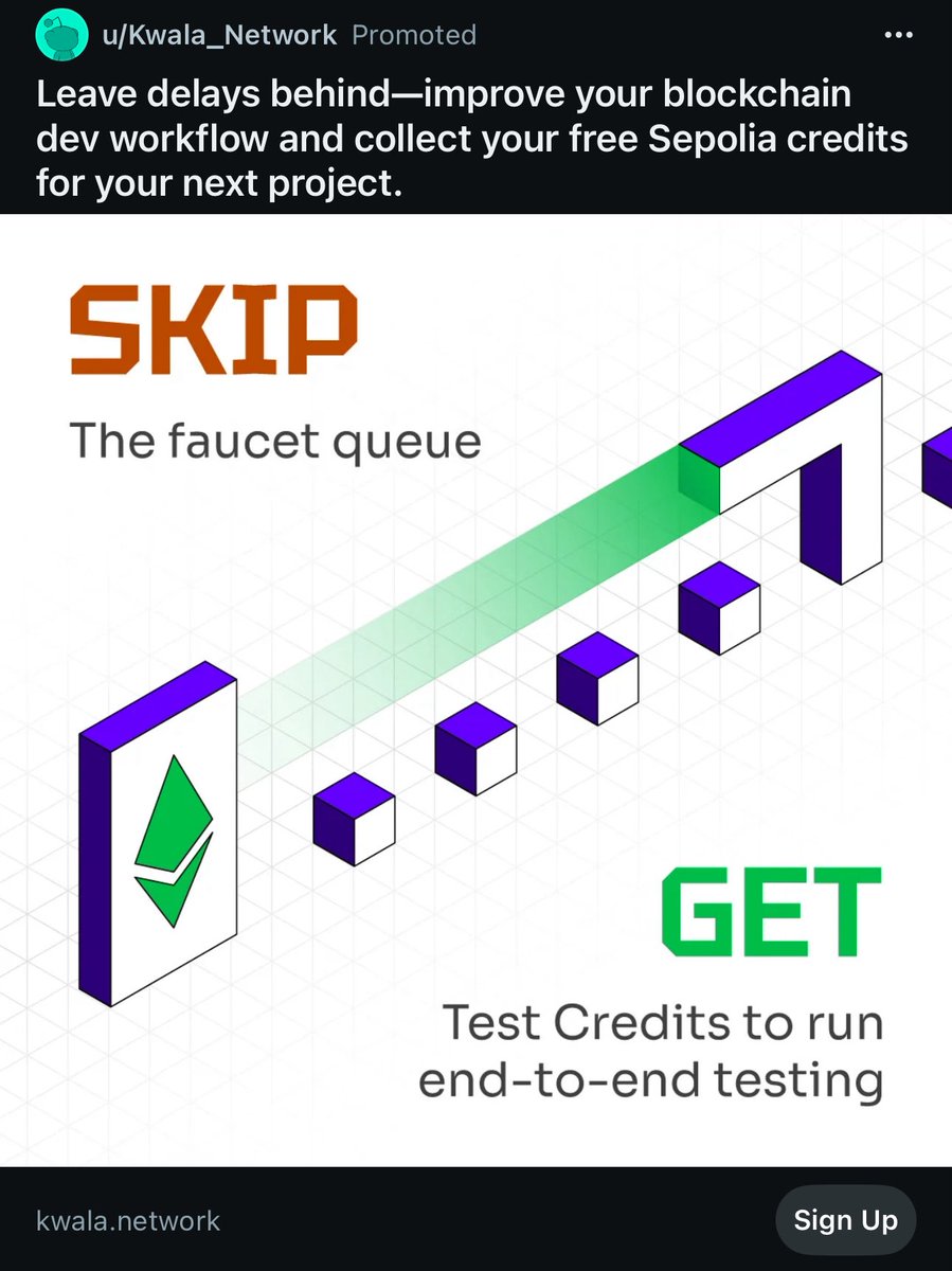 SilentRhetoric's tweet image. It is ridiculous state of affairs that this is a paid advertisement targeting the EVM developer space.
If you want fast, free Testnet tokens to develop your blockchain solution, try Algorand.
lora.algokit.io/testnet/fund