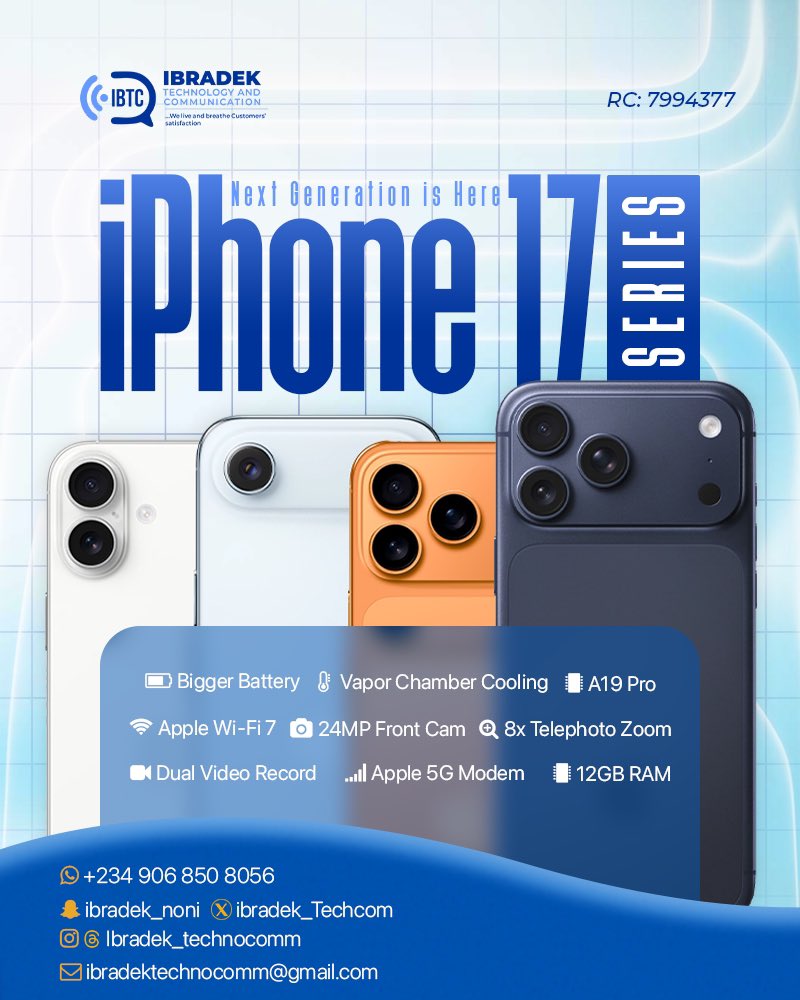 Ibradek_Techcom's tweet photo. Get ready to experience the future of smartphones! The highly anticipated iPhone 17 series is finally here, packed with cutting-edge features like stunning Super Retina XDR OLED displays, powerful A19 chips, Wi-Fi 7, Bluetooth 6, fast charging, https://t.co/wGlPyVmySX