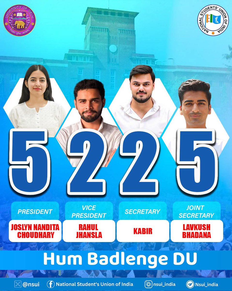 यह सिर्फ वोट नहीं, DU के बदलाव का संकल्प है! ✊
छात्रों की असली आवाज़, NSUI पैनल 5225, हर मुद्दे पर खड़ी है।
आइए, मिलकर एक बेहतर DU बनाएं।
✅ वोट करें 5225 को।
#DUwithNSUI #DU4Change #StudentsFirst #NSUIJitegaDU