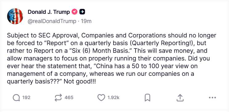 🔴COINTELGRAPH: Trump propone che le aziende riportino ogni sei mesi invece di trimestralmente, in attesa dell'approvazione della SEC.
