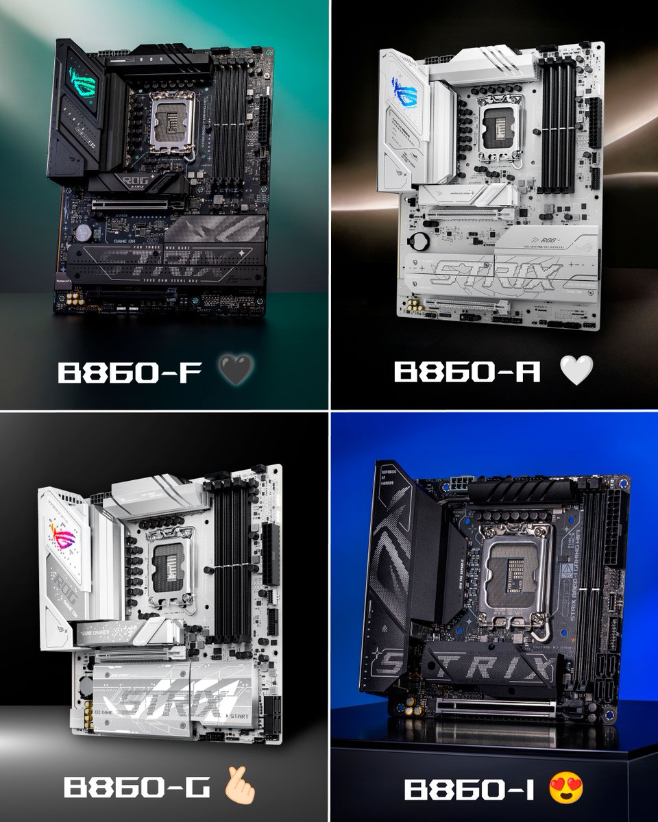 ✨Meet the #ROG Strix #B860 series! Each board has its own distinct style and feature set, but all include ⚡NPU Boost to enhance AI performance and 🧠 AI Advisor to help answer any questions you might have about your motherboard.  ​

Which board will you choose? 🖤🤍🫰🏻😍👉