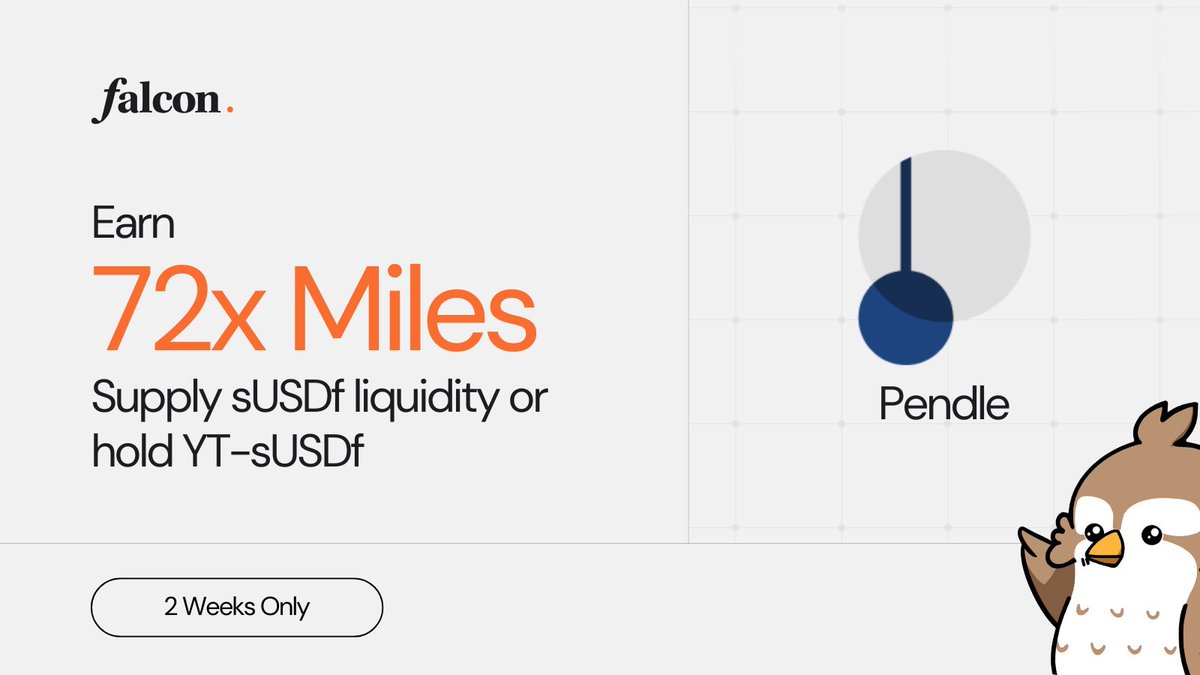 falconfinance's tweet image. 👀 For those watching closely, the new @pendle_fi pools (29 Jan 2026) just doubled up on Miles rewards!

For 2 weeks only, earn 72x Miles while you:

✅ Supply sUSDf Liquidity (Miles earned on SY portion of LP)
app.pendle.finance/trade/pools/0x…

✅ Hold YT–sUSDf
app.pendle.finance/trade/markets/……