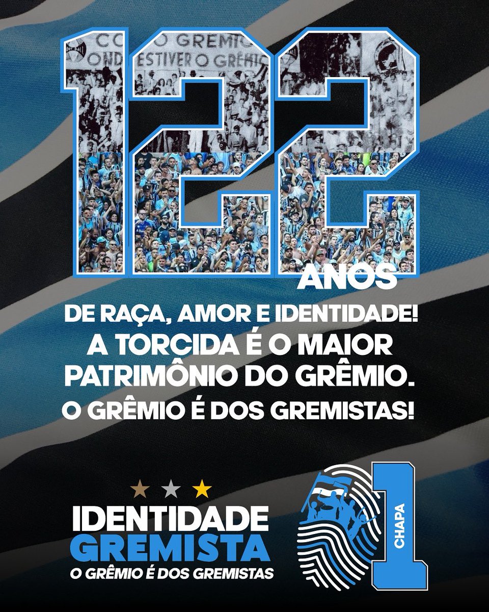 gremioprata's tweet photo. O Grêmio faz 122 anos de histórias!
E o protagonista dessa trajetória é você, torcedor.
Sempre ao lado do clube, nos bons e maus momentos, você fez o Grêmio crescer, conquistar títulos e ser reconhecido no mundo inteiro. O maior clube do mundo, graças à maior torcida do Brasil https://t.co/WLpaaL1Fm9