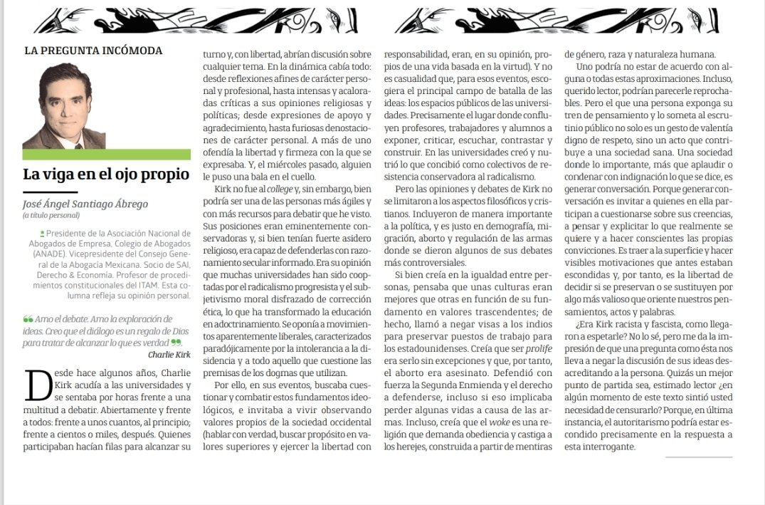 Buenos días. Acompaño mi columna de esta semana en <a href="/EjeCentral/">EjeCentral</a>, donde escribo a propósito del asesinato de Charlie Kirk. Que sea un gran inicio de semana!
ejecentral.com.mx/opinion/la-vig…