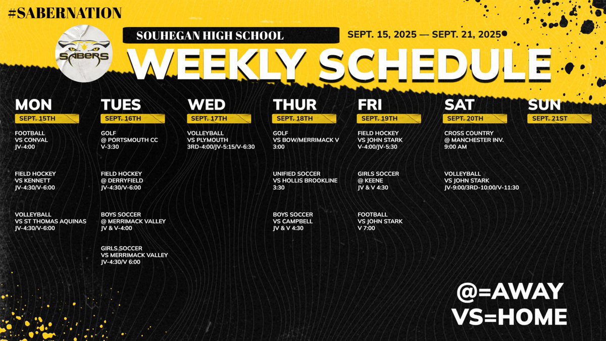 The weekly schedule has arrived! This week is Claws for a Cause week! Come see as many awesome contests as you can during this action packed week of athletics! #SaberNation #ClawsForACause