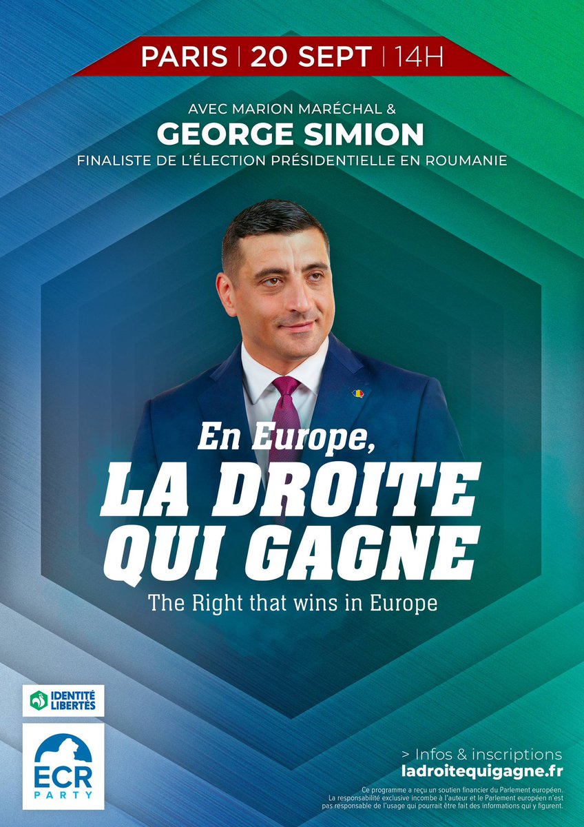 🇷🇴 Ce samedi 20 septembre à Paris, <a href="/georgesimion/">🇷🇴 George Simion 🇲🇩</a>, finaliste de la présidentielle en Roumanie et vice-président du <a href="/ECRparty/">ECR Party</a> sera présent pour notre événement « En Europe, la droite qui gagne » !

Réservez dès maintenant votre place sur : ladroitequigagne.fr