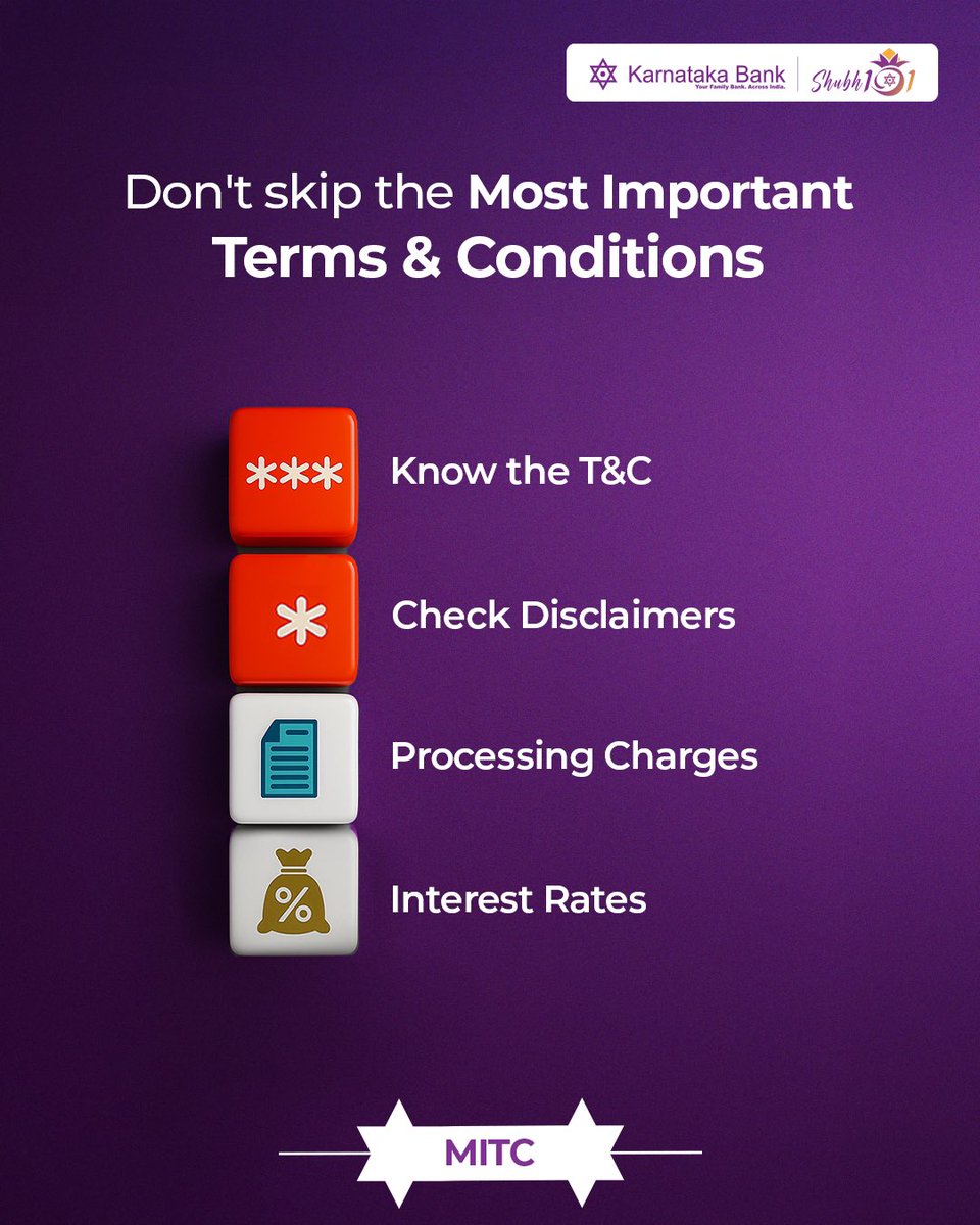 KarnatakaBank's tweet photo. The smartest decisions start with knowing the details.

[MITC, Most important terms and condition, Karnataka Bank]

#MITC #KarnatakaBank https://t.co/PuBFByiZu0