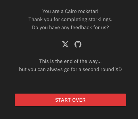 josegomez_dev's tweet photo. From zero to Cairo ➡️ Starklings complete ✅

Feeling grateful to be part of #StarknetBasecamp13 — incredible structure, mentorship &amp; community. Huge thanks to David, Szutung, and Truth for making learning an epic experience. ��⚡ 
 
@starklingsapp @StarknetFndn @Starknet https://t.co/CapPZCPA8F