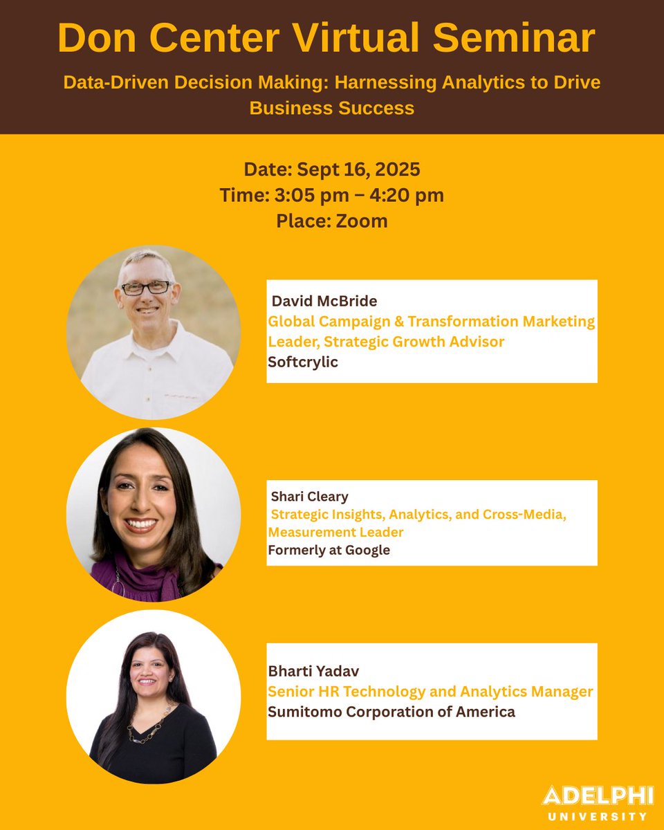 AdelphiWSB's tweet image. Data-Driven Decision Making 
Join us Sept. 16, 3:05–4:20 PM (Virtual) for a panel with industry experts on how analytics fuel business success.
Discover how data turns into strategy + the skills you’ll need for a data-driven career. 
adelphi.edu/events/data-dr…