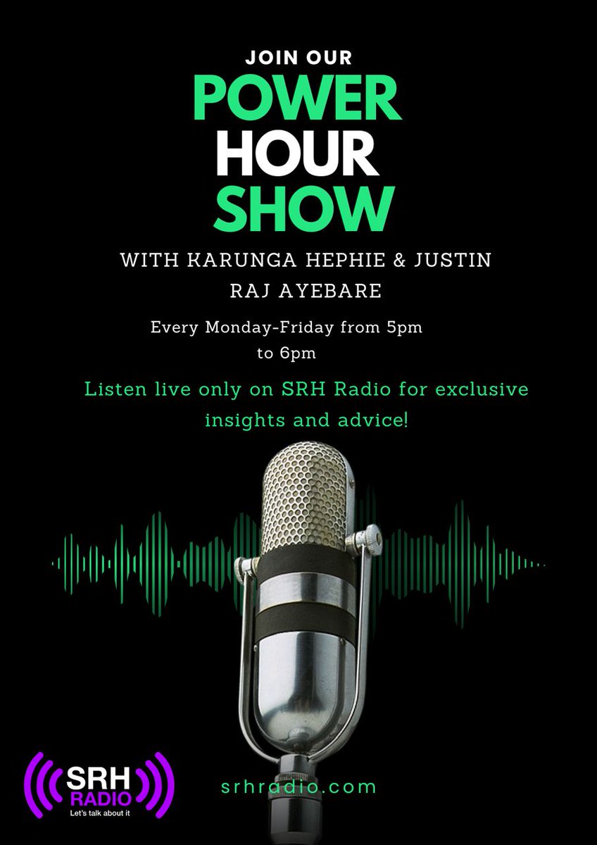 srhradio's tweet photo. The Power Hour is on radio guys ....
Tune in for fresh new vibes in a fresh week...
Ultimate music mixes in the cantata 
A teaser of the day 
And the inspirational moment .
All at 5:00pm with the superb MC RealG SmolG SwitNiga Raj https://t.co/pvt3TjWwAs