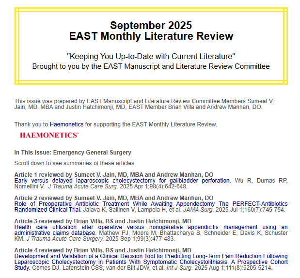 EAST_TRAUMA's tweet photo. This month’s EAST Monthly Literature Review on Emergency General Surgery is brought to you by Sumeet V. Jain, MD, MBA and Justin Hatchimonji, MD, Brian Villa and Andrew Manhan, DO. Thank you to our sponsor @HaemoneticsCorp! Read the #EASTLitReview here and share your feedback: https://t.co/wdMjFuiWpH