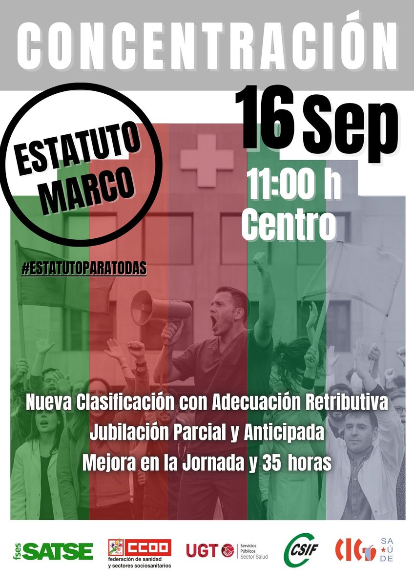 #16S 📢 El personal del Sistema Nacional de Salud se concentrará mañana en centros sanitarios de toda España para denunciar sus condiciones precarias en el Estatuto Marco que prepara <a href="/sanidadgob/">Ministerio de Sanidad</a>. 

🕚 11.00h
🏥 Comunidad Valenciana:
📍Valencia: Hospital La Fe
📍Castellón: