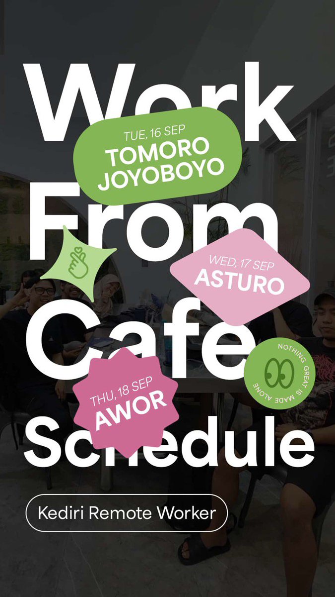 WFC KEDIRI 🚨

Yang mau ditemenin produktif dan ketemu orang-orang dengan energi yang sama. 

Bisa ngematcha sambil nugas/kerja, siapa tau juga dapat insight baru dari obrolan bersama atau kolaborasi seru ✨🍃

See you yaaa🤗