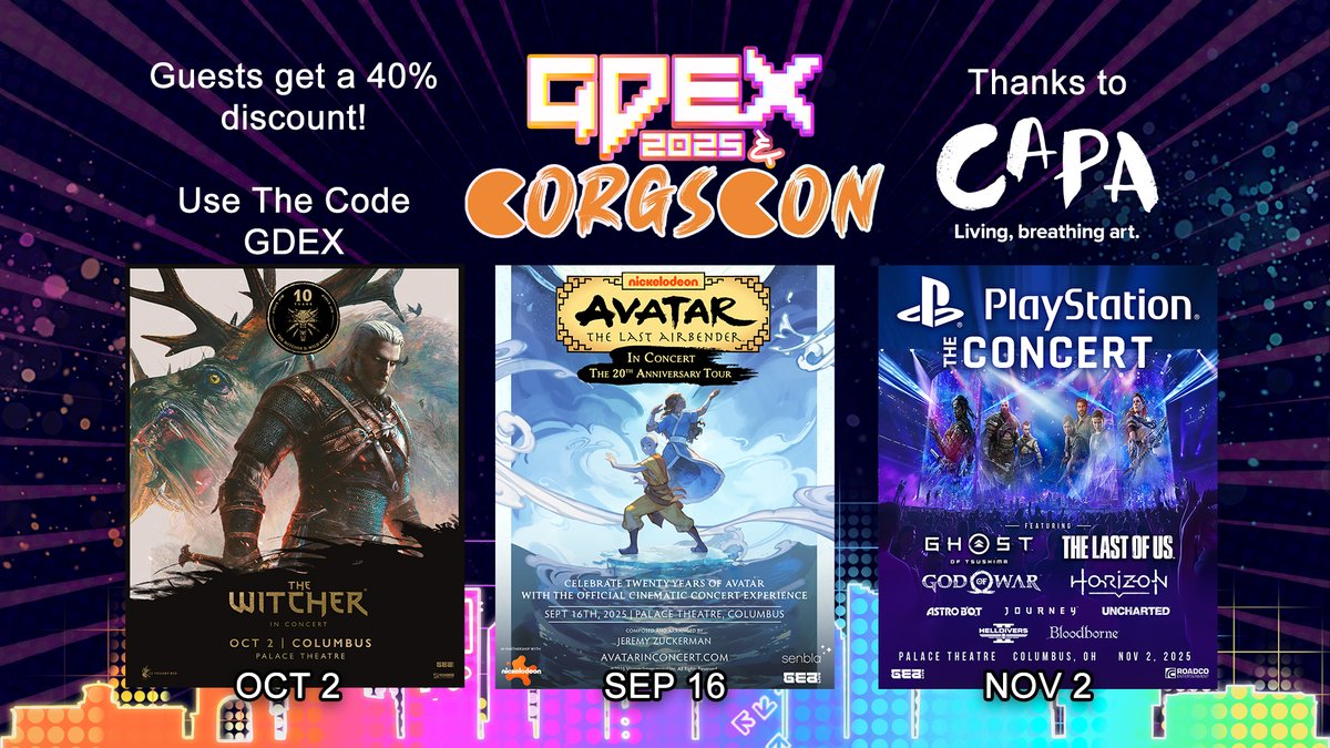GDEX (@thegdex) on Twitter photo EXCITING NEWS!
As part of our partnership with <a href="/CAPAColumbus/">CAPA</a>, GDEX & <a href="/corgscon/">CORGSCON</a> guests can receive a 40% discount (yes, 40%) on the upcoming Avatar: The Last Airbender, The Witcher, and the PlayStation concert series coming to Columbus!
All you have to do is use "GDEX" as a code EXCITING NEWS!
As part of our partnership with <a href="/CAPAColumbus/">CAPA</a>, GDEX & <a href="/corgscon/">CORGSCON</a> guests can receive a 40% discount (yes, 40%) on the upcoming Avatar: The Last Airbender, The Witcher, and the PlayStation concert series coming to Columbus!
All you have to do is use "GDEX" as a code