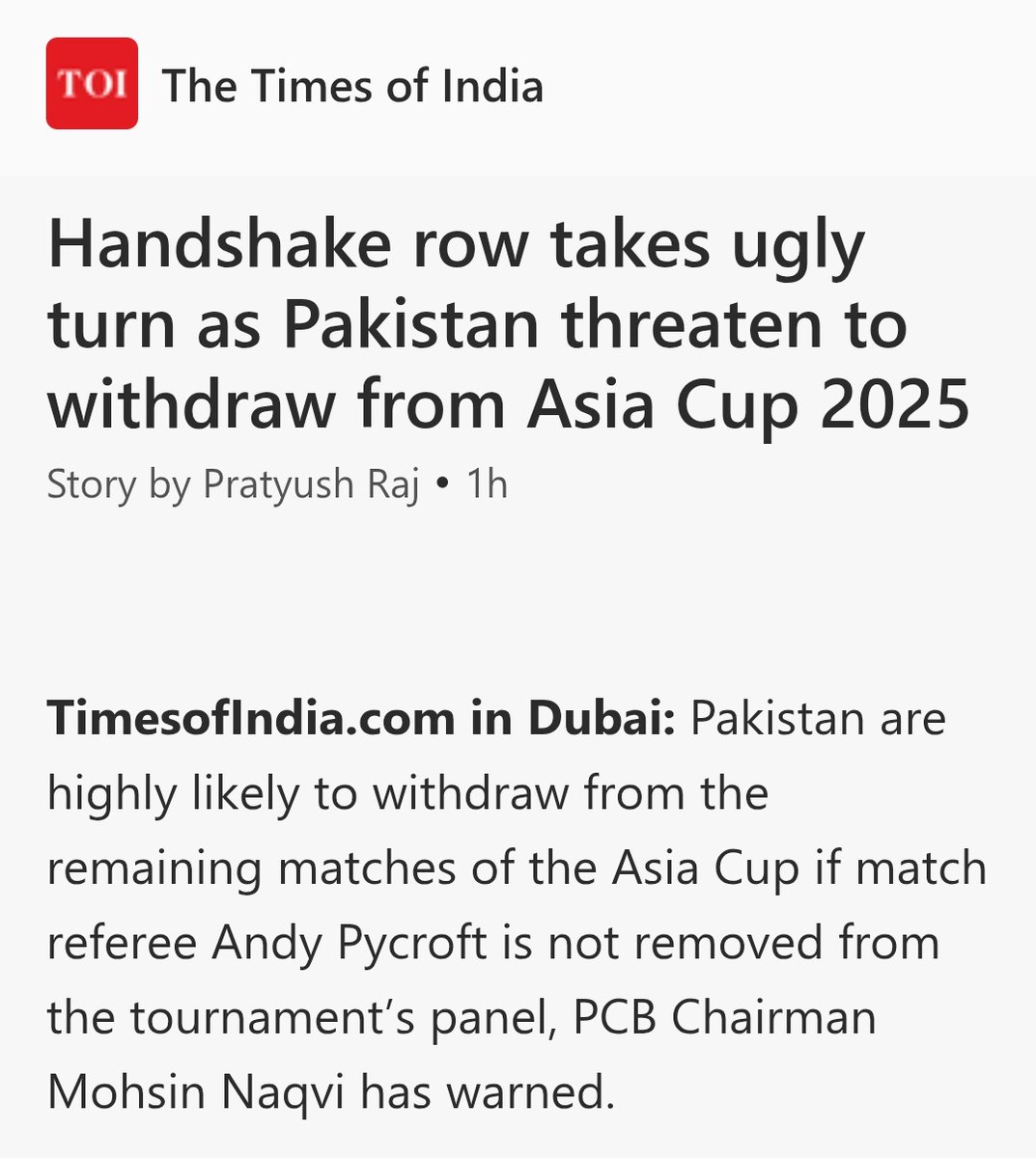So pakistan is ready to withdraw from asia cup over a handshake, but India couldn't withdraw playing pakistan despite a terrorist attack.

Bcci sharm karo thoda bhai.
