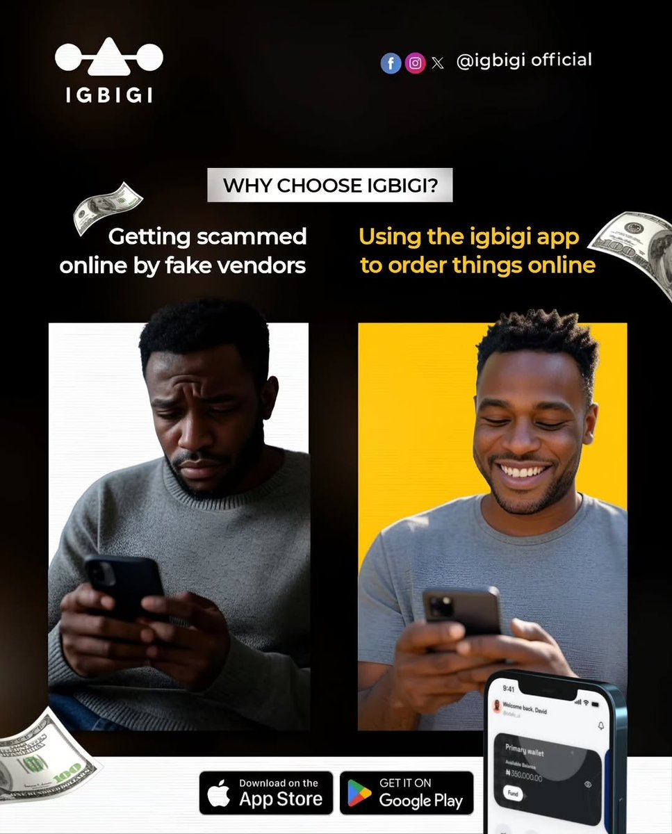 Don't be the left guy 😂 use the igbigi app for peace of mind, avoid getting scammed, shop online with joy 😁

Did you get scammed?... Tell it all...
Real people. Real losses. Real lessons.

#tech #app 
#igbigi #apple
#picoftheday
#applestore
#playstore
#artwork 
#ph