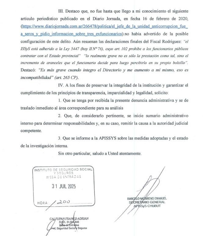 CHUBUT__News's tweet photo. ❌️Denuncia ACOSO LABORAL contra el DIRECTOR DE FINANZAS de SEROS. En análisis por el presidente y asesor legal, tras notificacion judicial.
❌️Denuncia posible comisión de ILÍCITO del Dr. MARTÍN PÉREZ, Vocal Ejecutivo del Directorio del #ISSyS: BENEFICIO ECONÓMICO DIRECTO https://t.co/OA77H2zNR9