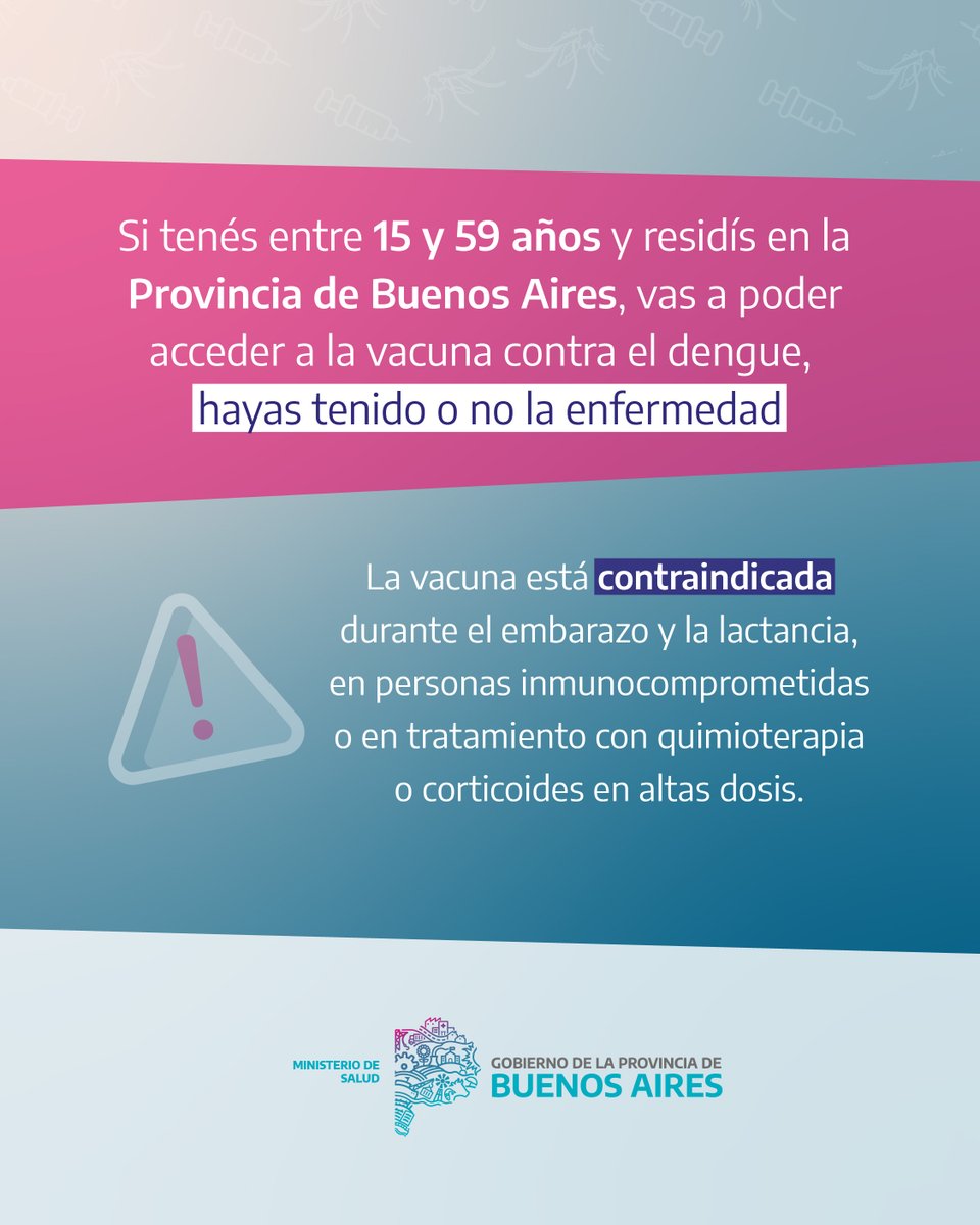 ¡La Campaña de Vacunación contra el Dengue llega a toda <a href="/BAProvincia/">Gobierno PBA</a>!

💉🦟 A partir de hoy las personas entre 15 y 59 años que vivan en la Provincia podrán registrarse para acceder a la vacuna, hayan tenido o no la enfermedad.