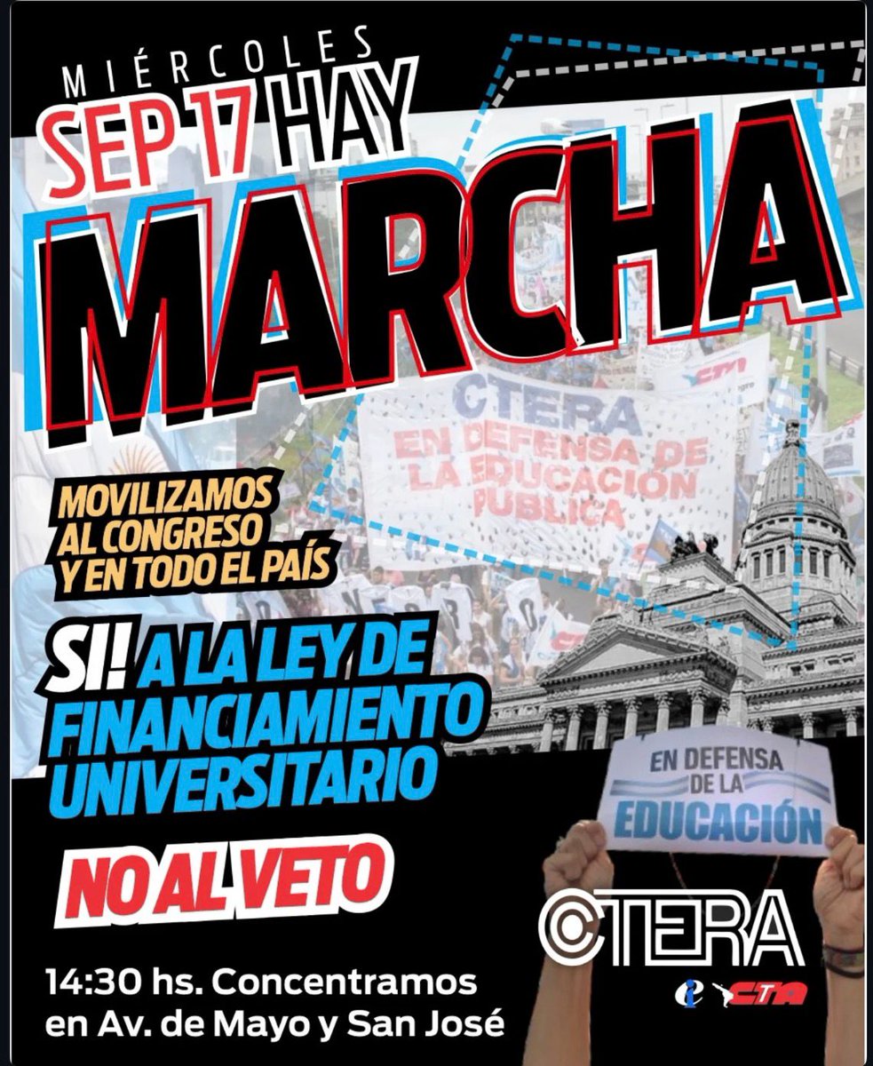 Tercera Marcha Federal Universitaria  

Este miércoles volvemos a la calle a defender los derechos conquistados: educación y salud gratuita y de calidad para lxs trabajadores. 

Ante el veto de Milei, la educación y la salud de pie. Ante la crueldad, unidad y organización.