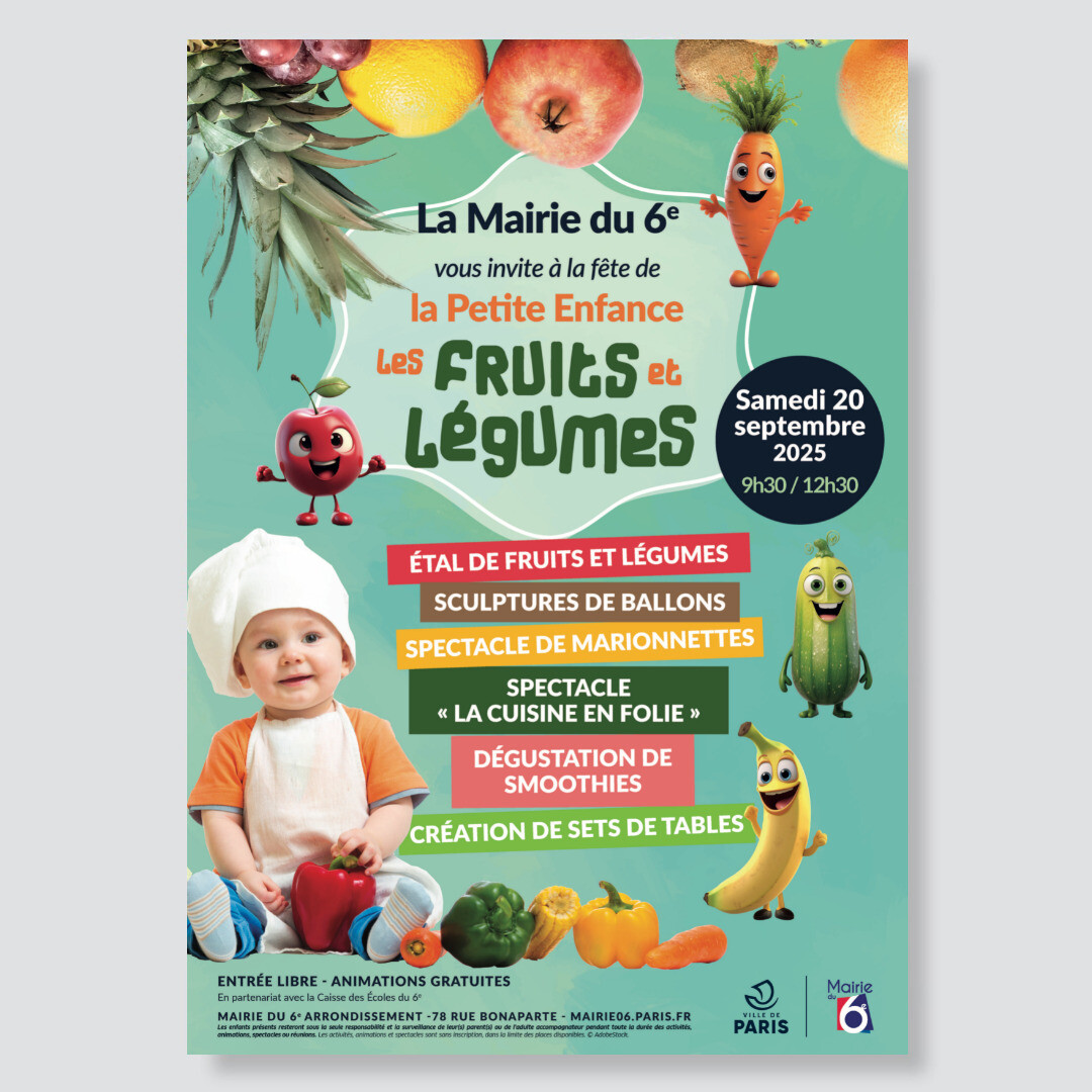🍎 La Petite enfance fête les fruits et légumes le  20/09 ! Vos enfants découvriront les saveurs et les couleurs des fruits et légumes à travers des animations variées de 9h30 à 12h30 à <a href="/mairie6paris/">Mairie du 6ᵉ</a> 🥕✨ bit.ly/42fPnPN
#PetiteEnfance #AlimentationSaine