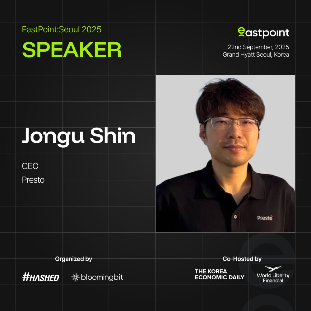 0xEastPoint's tweet photo. Excited to welcome Jongu Shin to EastPoint:Seoul 2025!

Jongu Shin is the CEO of Presto (@Presto_Labs), a quantitative trading firm built by engineers and traders and grounded in first-principles thinking, speed, and precision. With over a decade of experience in algorithmic trading, quantitative research, and engineering leadership, he has been instrumental in building and scaling proprietary trading systems across both traditional and digital assets. An MIT-trained computer scientist, Jongu has guided Presto’s global growth since 2018, advancing its infrastructure and research platforms.

At #EastPoint:Seoul 2025, Jongu will share his perspectives on building the trust layer and core infrastructure for institutional assets.

📍 Seoul | 🗓️ September 22 |  🔗 https://t.co/OZbgHAyDRS