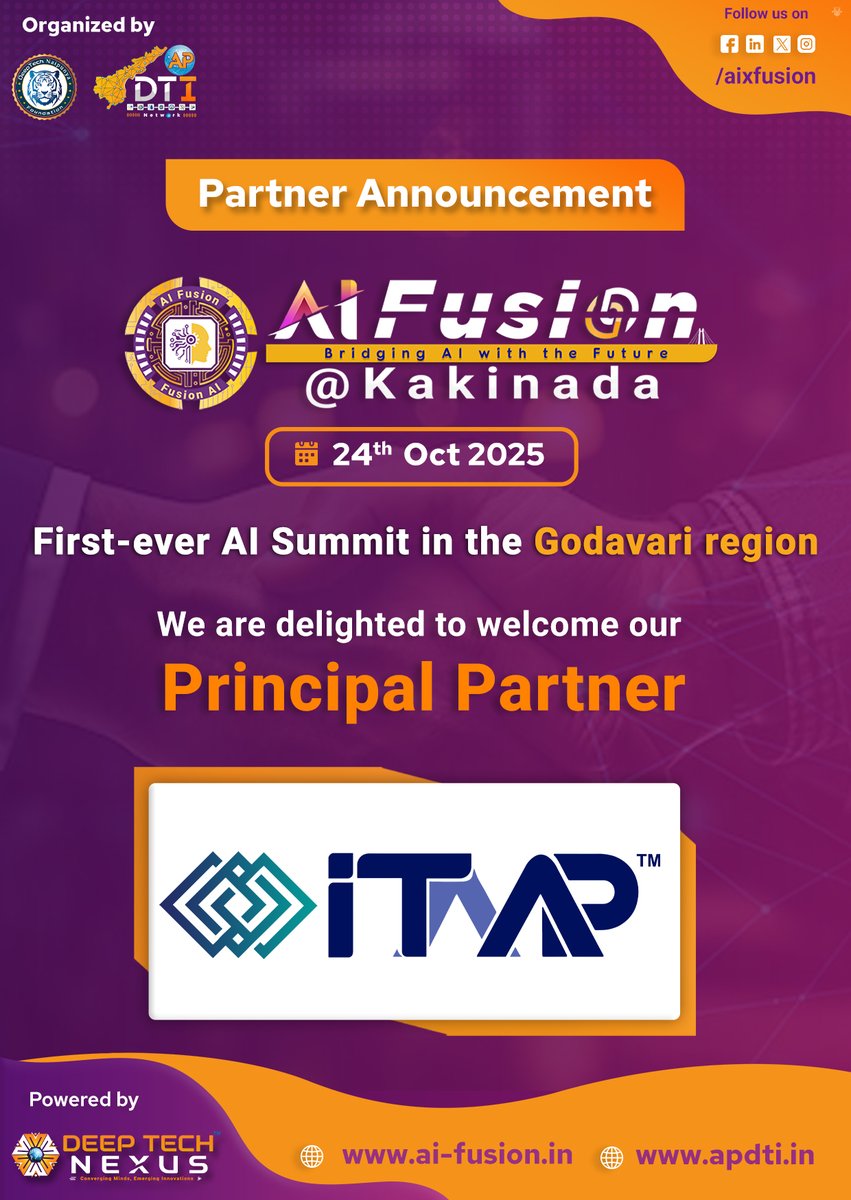 We’re delighted to welcome <a href="/ITAssociationAP/">IT Association Of AP</a> as the Principal Partner for #AIFusion @ Kakinada

The first-ever #AISummit in the #Godavari region, driving #AI adoption &amp; #innovation.

✨24 Oct 2025 | #Kakinada, AP
🌐 ai-fusion.in | apdti.in

#ITAAP #AIFKKD