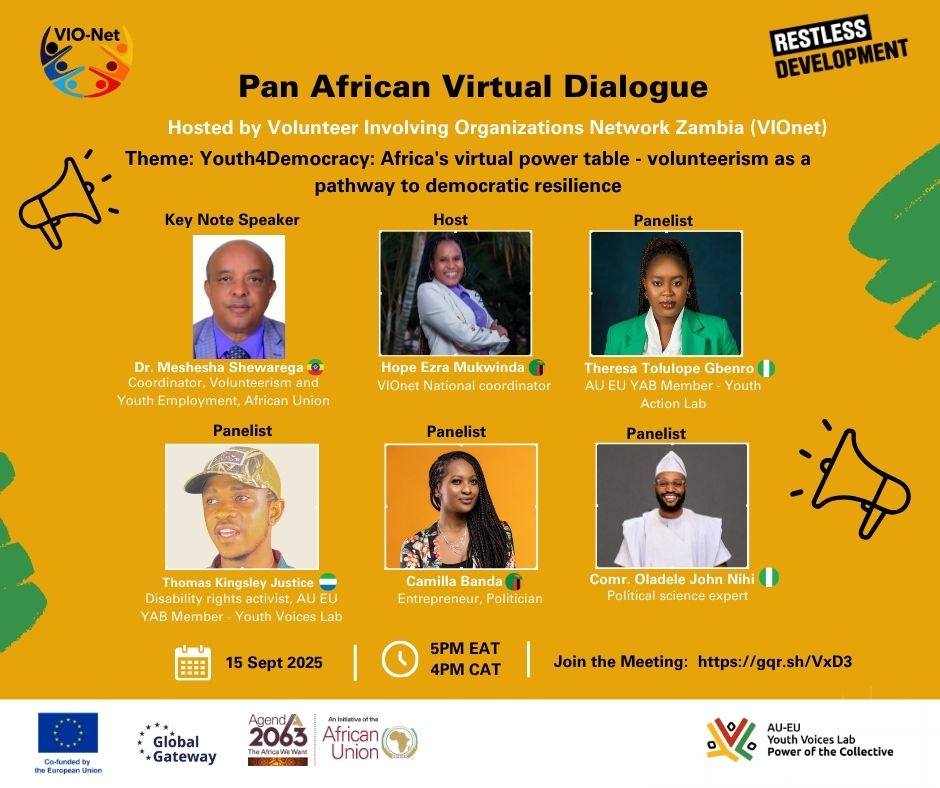 Restless_Uganda's tweet photo. Happy World Democracy Day 🗣️⚖️

Democracy is about giving everyone a voice and a fair chance; today we celebrate that. 

Join us today as @Bleedingsteel98 Coordinator at @VIOnet Zambia and Youth Advisory Board member of the @aueuyouthvoices Lab, hosts a Pan-African Virtual dialogue on how youth volunteerism is shaping democracy and creating solutions for today’s world. 

Don't miss out on the conversation.

🗓️ Today - 15 Sept 2025  
🕔5PM EAT, 4PM CAT 
💻 Zoom (Online) 🔗: https://t.co/Xwta4azIcy

#AUEUYouthLab #WeAreRestless