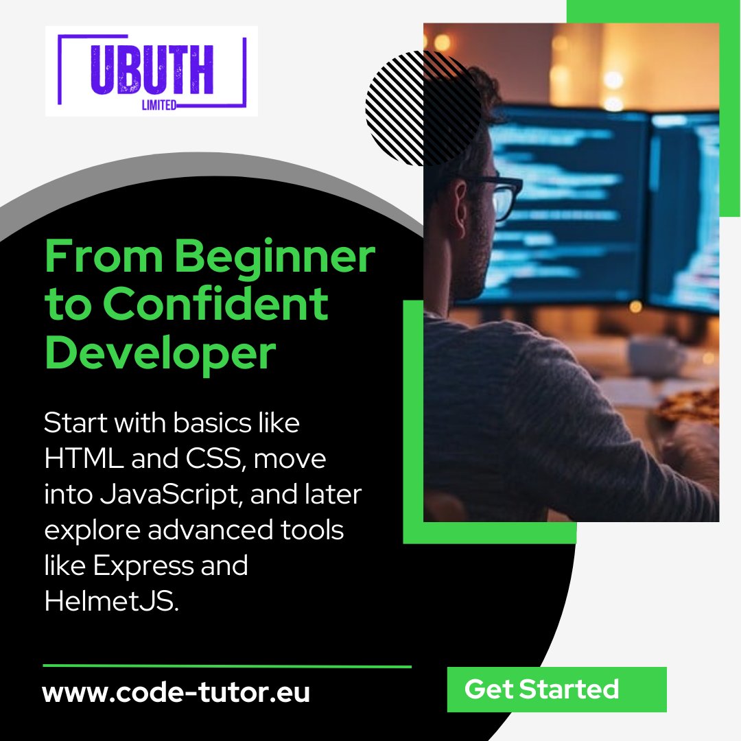 ubuthlimited's tweet image. Start with basics like HTML and CSS, move into JavaScript, and later explore advanced tools like Express and HelmetJS. #CodeTutor #CodingEducation