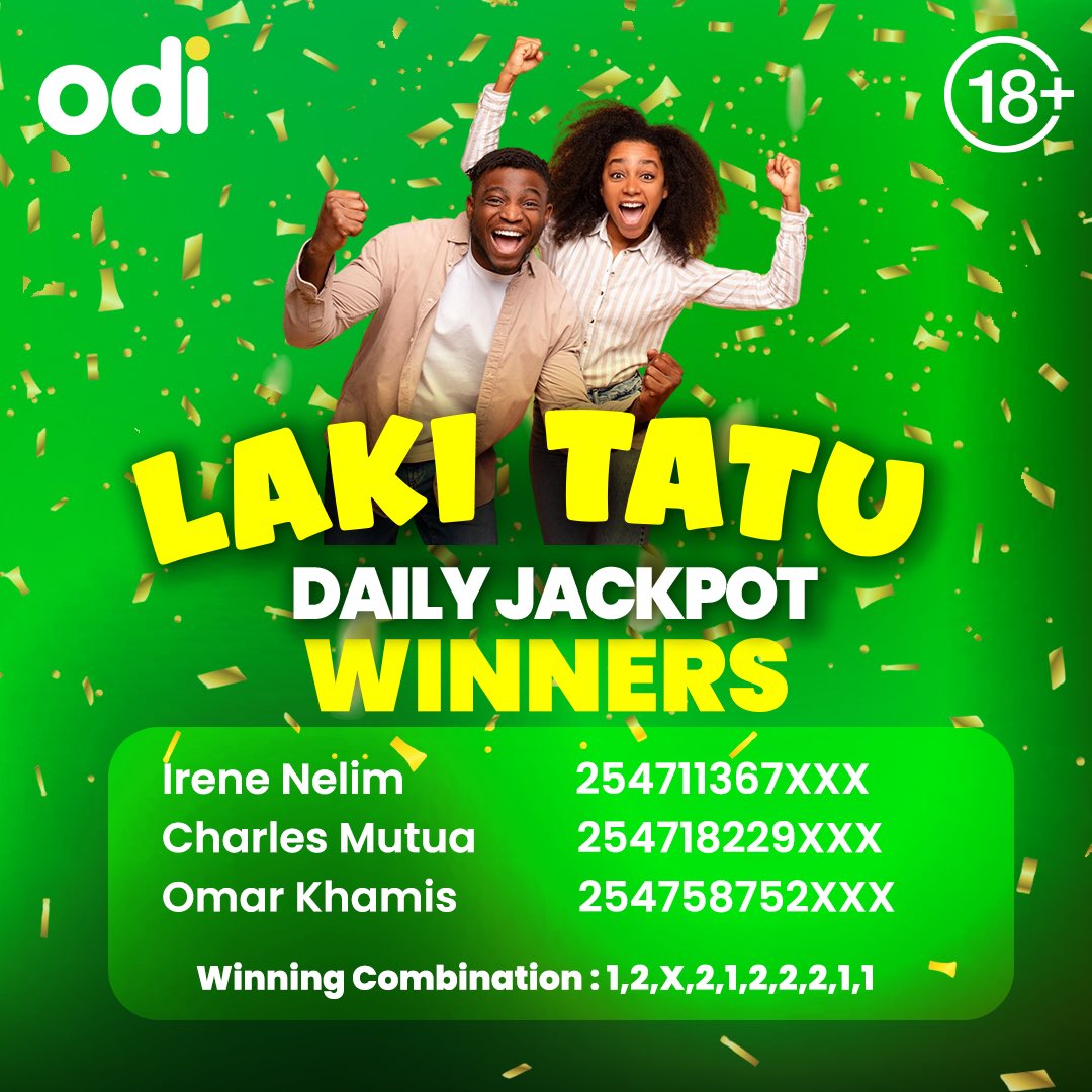 OdibetsOfficial's tweet photo. Laki Tatu Daily Jackpot winners 🎉 Congratulations 👏👏 Mambo #extraODInary

Cheza kama wewe pia na just 15 bob ➡️ https://t.co/uitQ8ltSmN

⚠️ Strictly 18+ | Cheza responsibly usi-over do!
#BetNiJamo https://t.co/Z7iNCXtr01