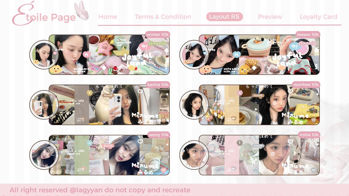 Any interaction would be appreciated! 

{   ♡   } . . Layout ready stock
Wony wonyoung, Karina, Winter, Leeseo, Wonhee, Iroha

#zonauang rs gg ive aespa illit ㅤ