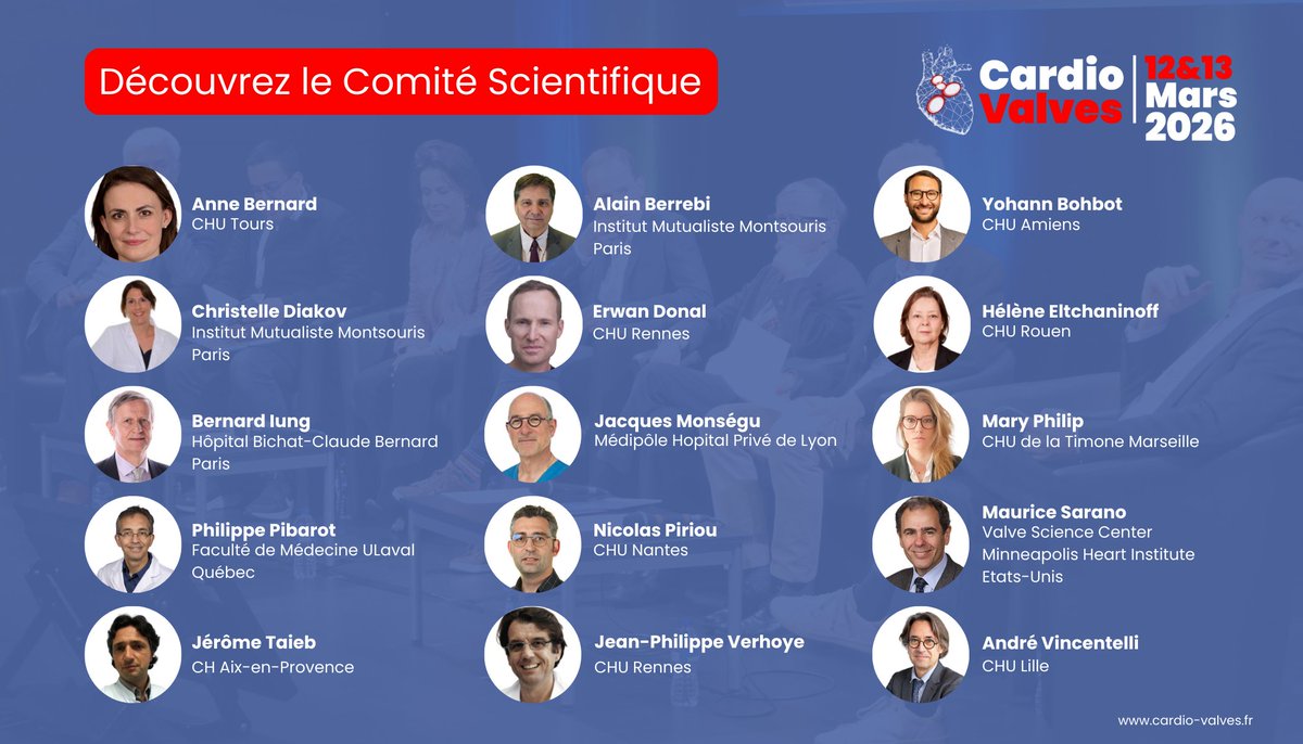 🔬 [COMITÉ SCIENTIFIQUE – CARDIOVALVES 2026] 🫀

Nous avons le plaisir de vous présenter le Comité Scientifique qui a imaginé et construit le programme de la prochaine édition de CardioValves, les 12 et 13 mars 2026 à Paris.