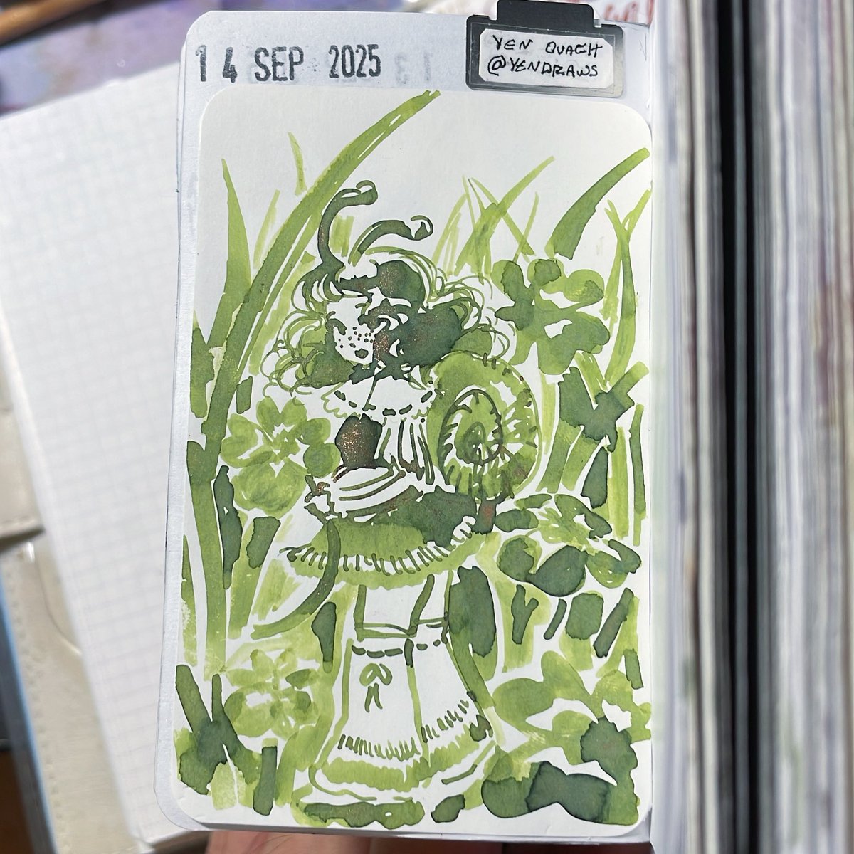 🍀🐌

Ink available now! 

🌈 Use code JA-YD to get 10% off orders at @ferriswheelpress (linked in bio) #ad 
🖋️ kakimori steel nib dip pen 
📄 sakae Iroful paper 
🎨 #ferriswheelpress #sproutingpastures
🌟 #draweveryday #ded2025