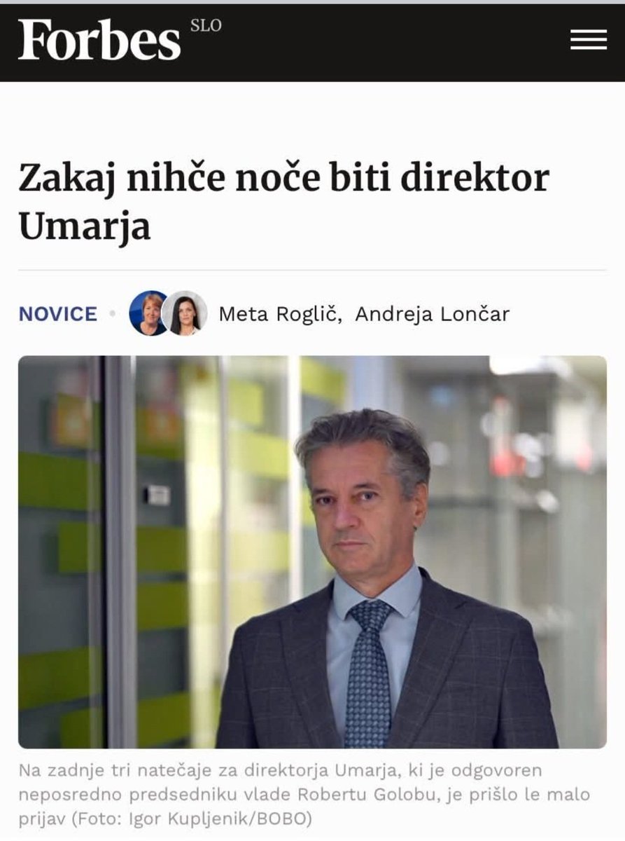 Zakaj nihče noče biti direktor <a href="/UMAR_si/">UMAR</a> ? 
Pa saj bi šlo ob tako močnem kadrovskem bazenu Svobode! Evo, imate <a href="/nikakolac/">Nika Kovač</a> , pa Jenulla, pa Anis Lićina bi bil primeren, pa <a href="/TeaJarc/">Tea Jarc</a> (zna priti do Kredarice), pa Muki je tudi bister. Ne omagati na <a href="/vladaRS/">Vlada Republike Slovenije</a>, kadrovski bazen je "poln"!