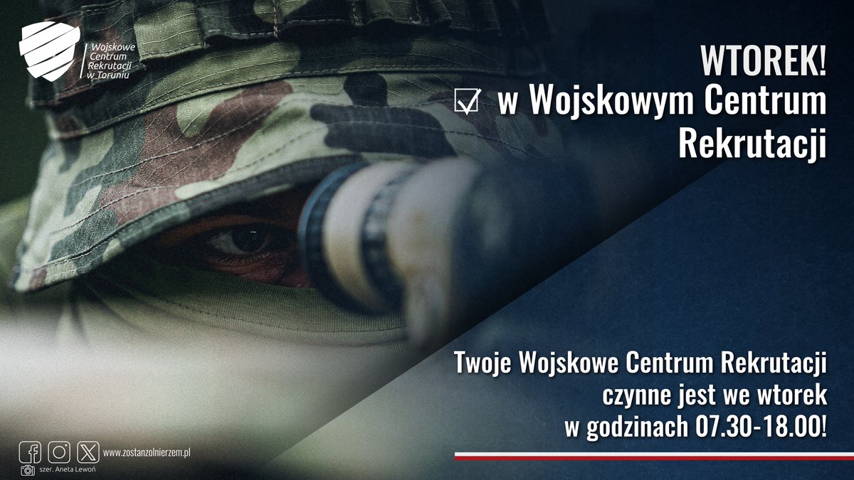 WCRTorun's tweet photo. 🆘 Dziś jesteśmy dla Ciebie do godz. 1️⃣8️⃣:0️⃣0️⃣❗
Rekruterzy czekają na Was z ofertami służby w #WojskoPolskie❗
𝙕𝙖𝙥𝙧𝙖𝙨𝙯𝙖𝙢𝙮❗
@WCRInowroclaw
@WCRGrudziadz
@WCRBydgoszcz
@WCRBrodnica
@WCRWloclawek
#ZostańŻołnierzem 🇵🇱🪖
#DZSW #TSW #AR #ZSW https://t.co/hRBJbIdNFb