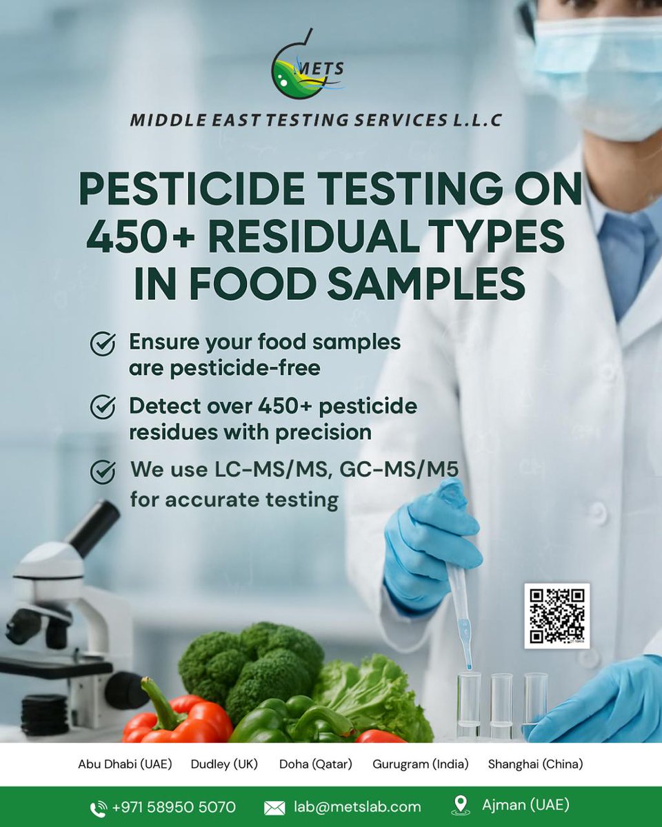 MetsLab_'s tweet image. 450+ pesticide residues. One test. Zero compromises.
METS ensures your food is safe with advanced LC‑MS/MS &amp;amp; GC‑MS/MS testing. 
📞 +971 58950 5070 | ✉ lab@metslab.com 
#FoodSafety #PesticideTesting #METS