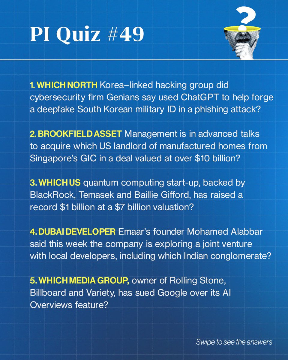 _PressInsider_'s tweet image. From a North Korea–linked cyberattack and a $10 billion Brookfield deal to a US quantum computing unicorn, this week’s quiz has it all.

Swipe to test your global IQ.

#PIQuiz #GlobalIQ #PressInsider #CurrentAffairs #WeeklyQuiz #IndiasGlobalVoice