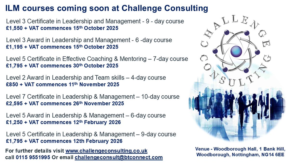 challenge_notts's tweet image. ILM Leadership, Management & Coaching courses commencing soon at Challenge Consulting - mailchi.mp/30753e0473ed/i…