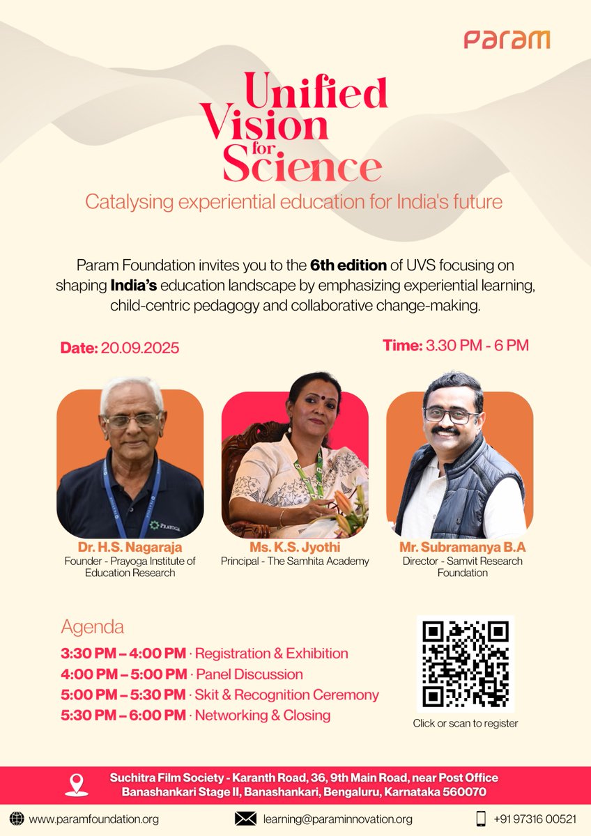 paraminnovation's tweet image. 🌟 6th Edition of Unified Vision for Science (UVS) is here! This year, we dive into experiential learning, child-centric pedagogy, and collaborative change-making 🌍
🗓️ 20th Sept 2025
⏰ 3:30 PM – 6:00 PM
📍 Suchitra Film Society, Bengaluru
Featuring voices shaping India’s…