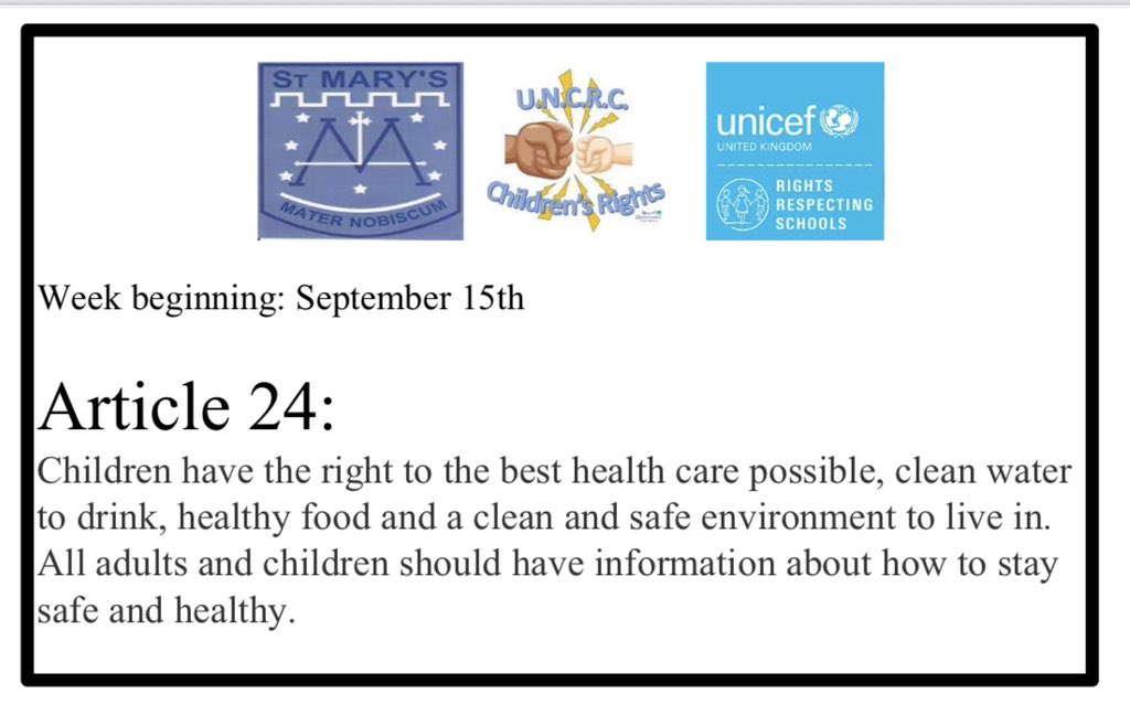 StMarysPS_ELCC's tweet photo. Did you know? ALL children have the right to clean water, healthy food, a safe and healthy environment and access to medical care ? #rightoftheweek #globalcitizens @UNCRC_WDC @WDCEducation https://t.co/4WBcuyTrx8