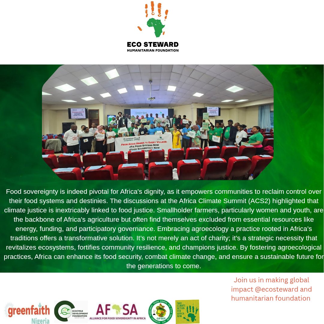 adaoshii's tweet image. Food Sovereignty is Africa’s Dignity!!!
At the Africa Climate Summit (ACS2), one truth rang clear: climate justice cannot exist without food justice.
#FoodSovereignty 
#ClimateJustice 
#Agroecology 
#SustainableAfrica
#EcoSteward 
#ACS2 
#JusticeForFuture