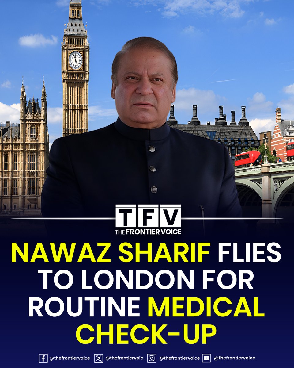 Former Prime Minister and Pakistan Muslim League Nawaz (PML-N) President Mian Mohammad Nawaz Sharif left on Monday for London for a routine medical check-up on a Qatar Airways flight. As per family sources, during his stay in London, the former prime minister will undergo a
