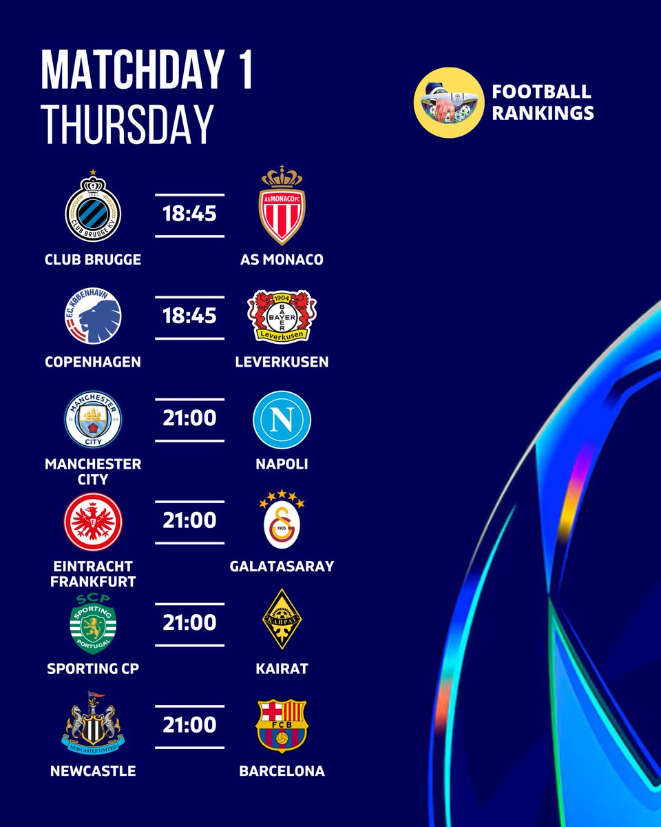 ⏰ Champions League will kick off this week with Matchday One played in an Exclusive Week!

🔹 6 matches on Tuesday

🔸 6 matches on Wednesday

🔹 6 matches on Thursday