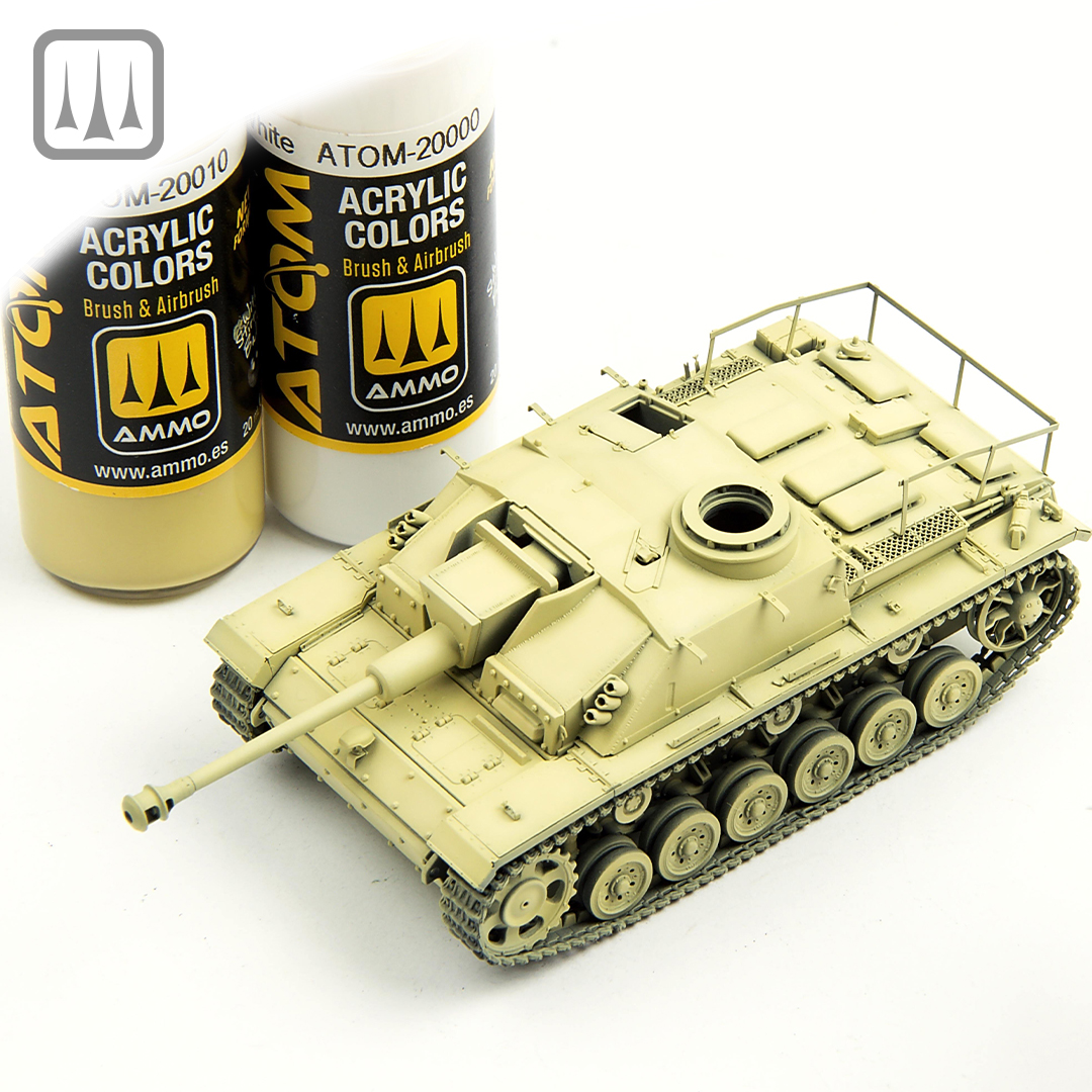 ⚛️ Ján Moravčík of Cabin Scale Models continues with his 1/72 scale Stug III Ausf. G, using ATOM for the base tone, with volume added by lightening the Dunkelgelb DG I with white. ⁠